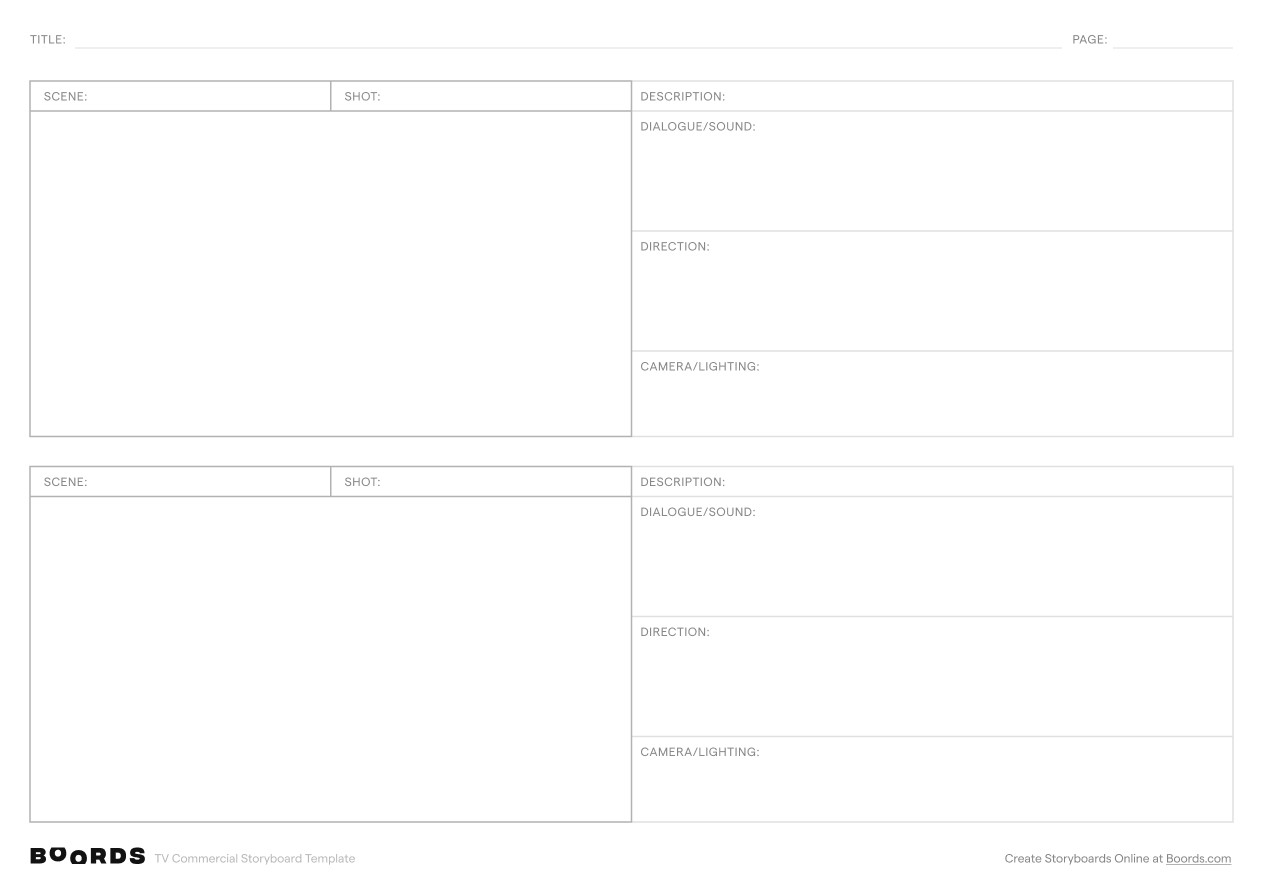 TV Commercial storyboard template – A4, 2 panels, landscape layout