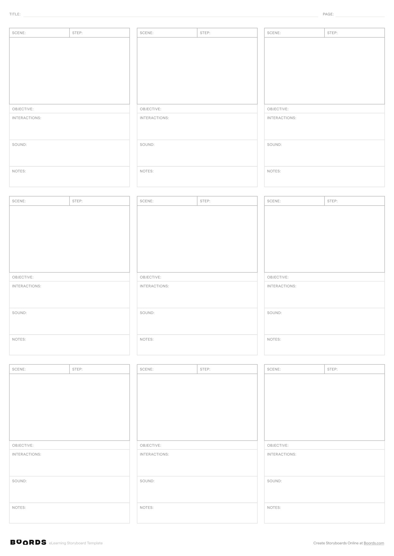 eLearning storyboard template – A3, 9 panels, portrait layout