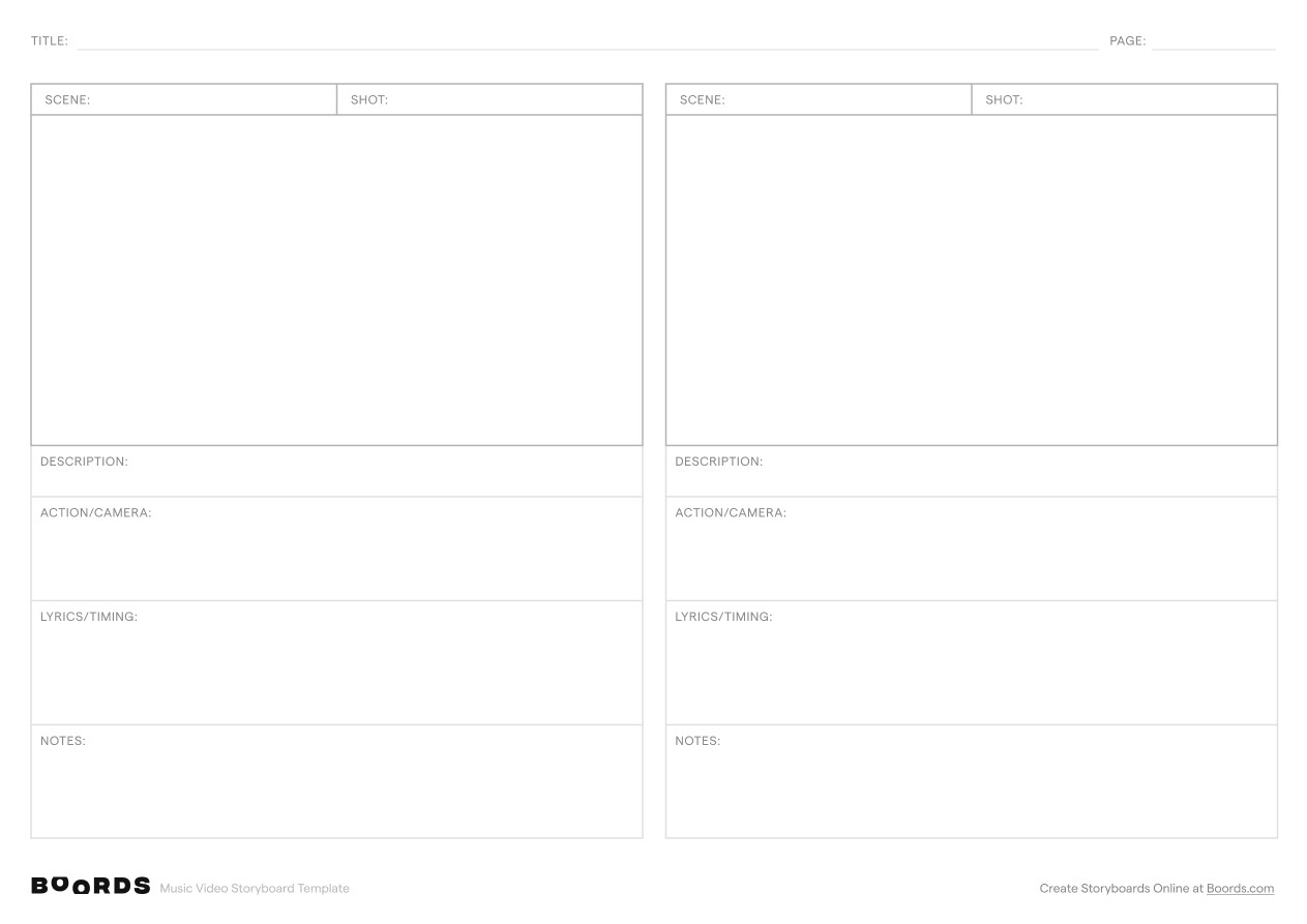 Music Video storyboard template – A4, 2 panels, landscape layout