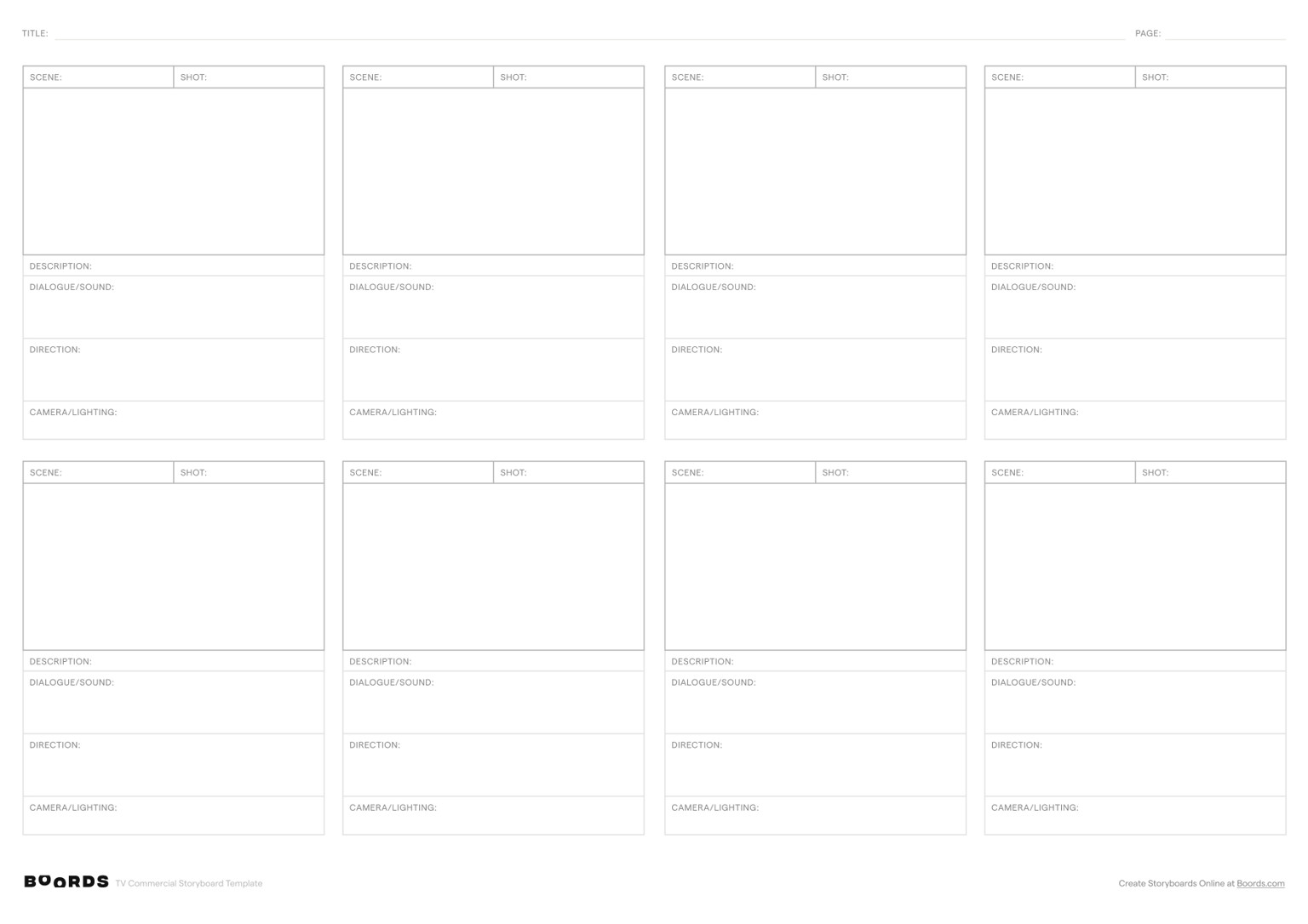 TV Commercial storyboard template – A3, 8 panels, landscape layout
