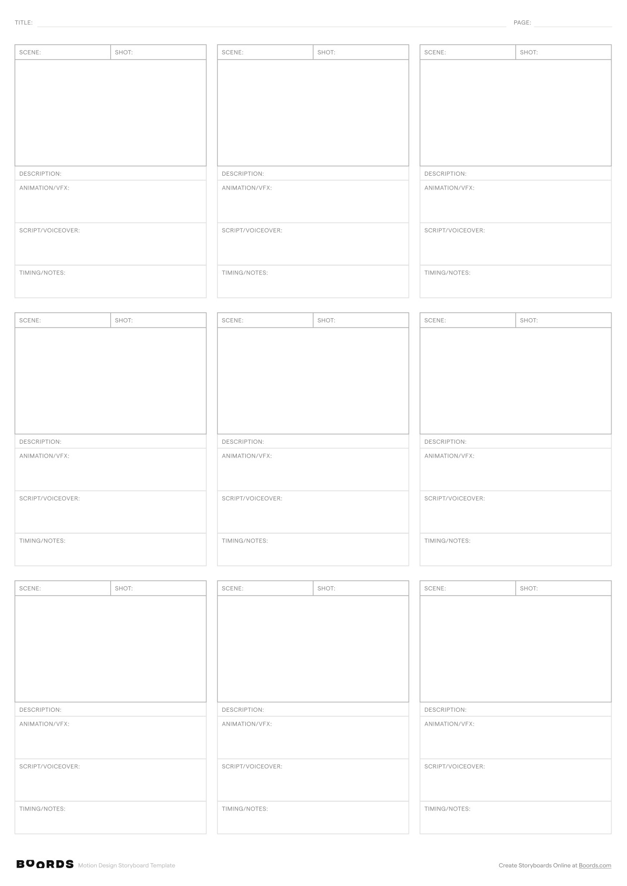 Motion Design storyboard template – A3, 9 panels, portrait layout