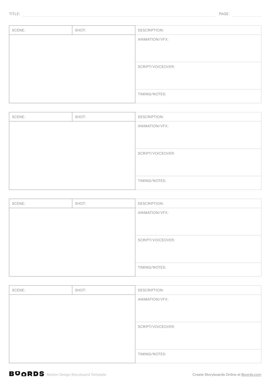 Motion Design storyboard template – A4, 4 panels, portrait layout