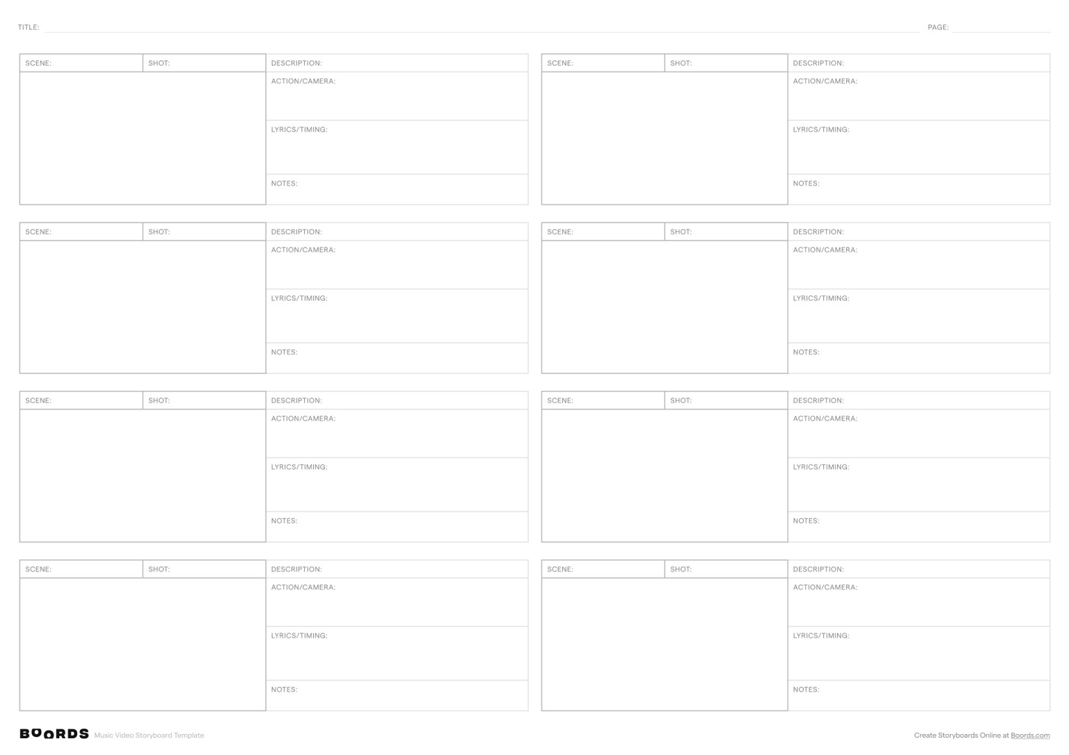 Music Video storyboard template – A3, 8 panels, landscape layout