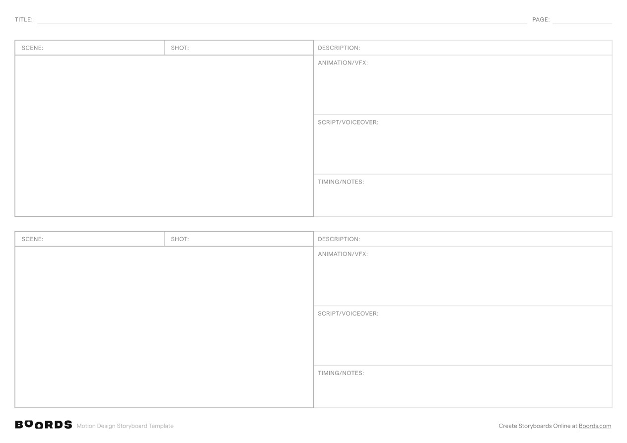Motion Design storyboard template – A4, 2 panels, landscape layout