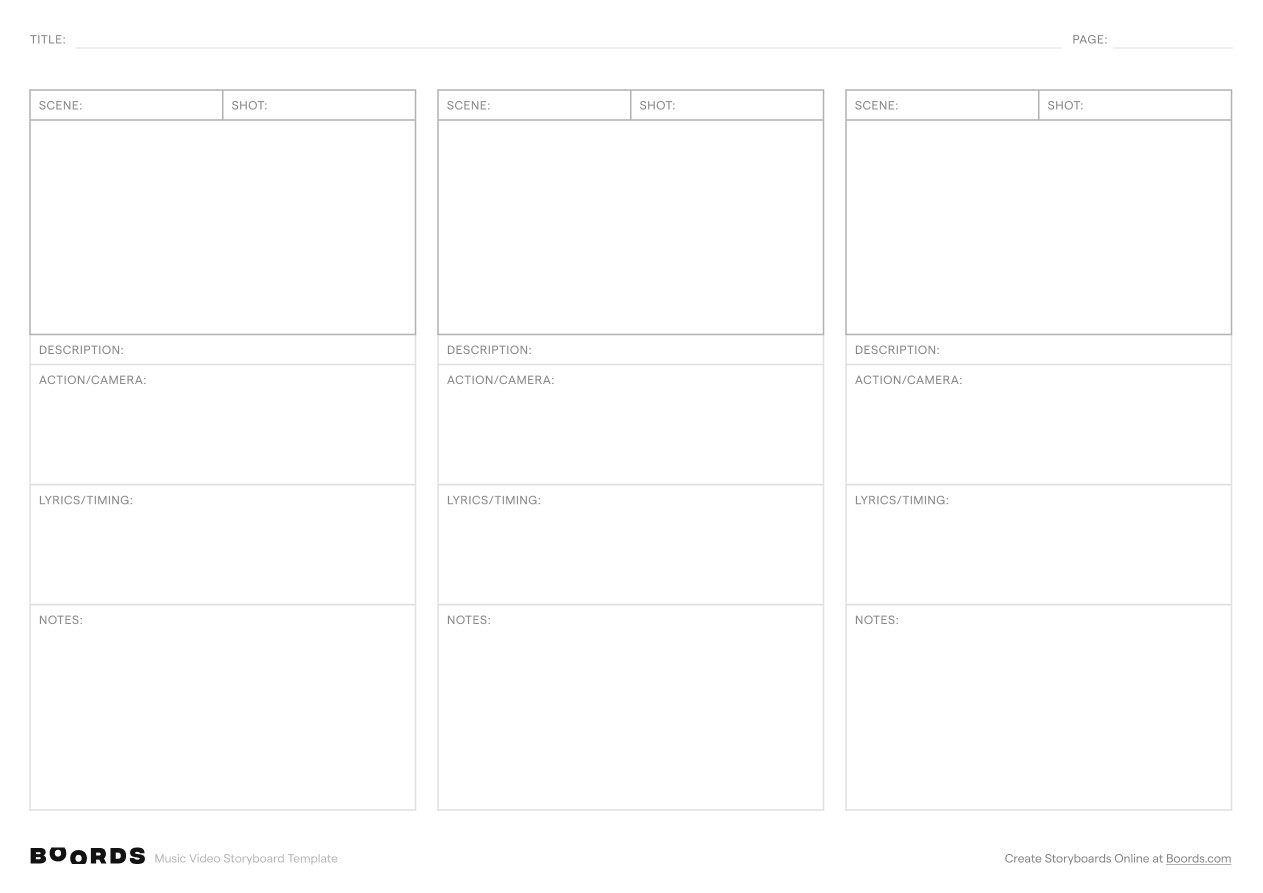Music Video storyboard template – A4, 3 panels, landscape layout