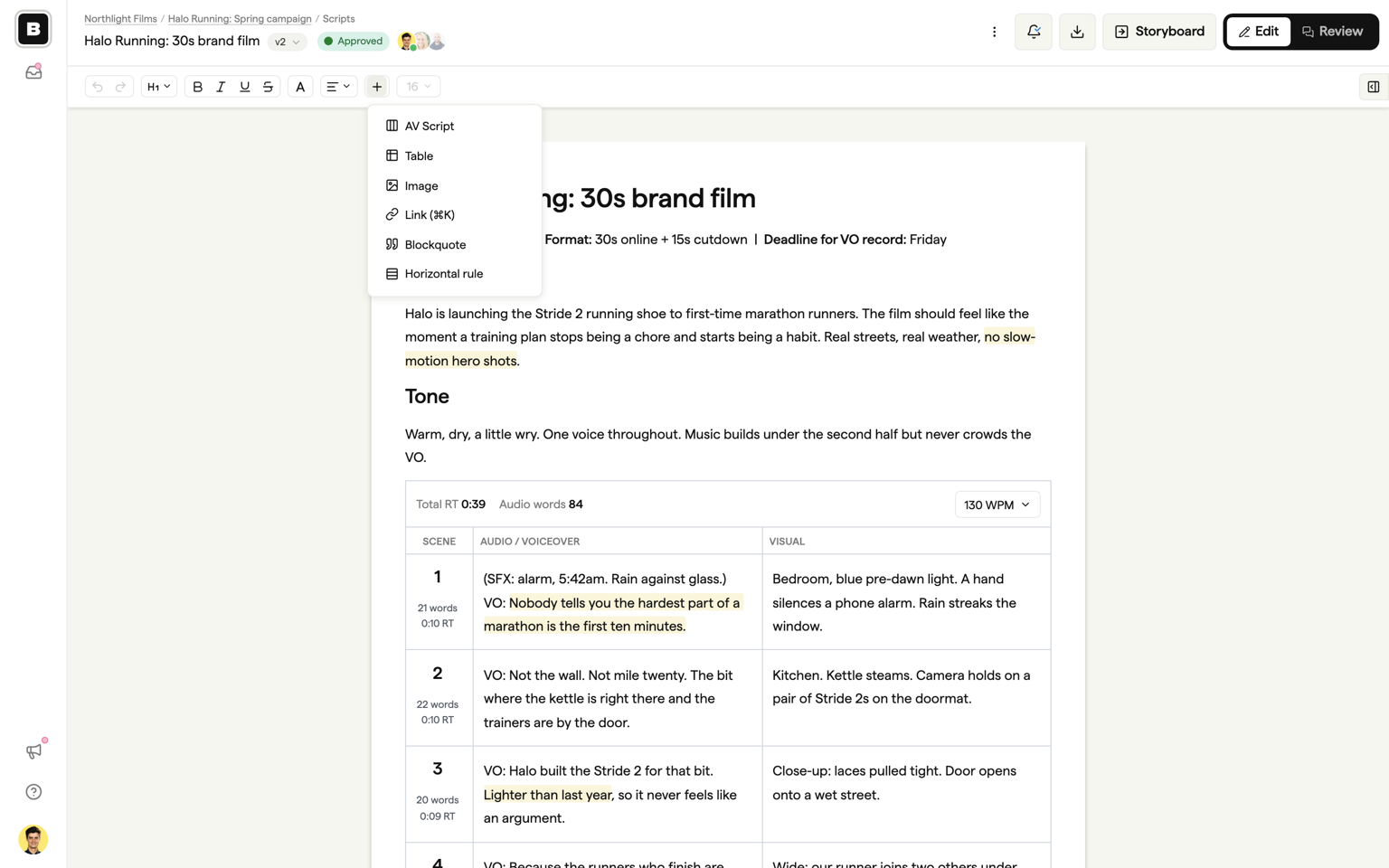 The editor with the formatting bar visible and the Insert menu open