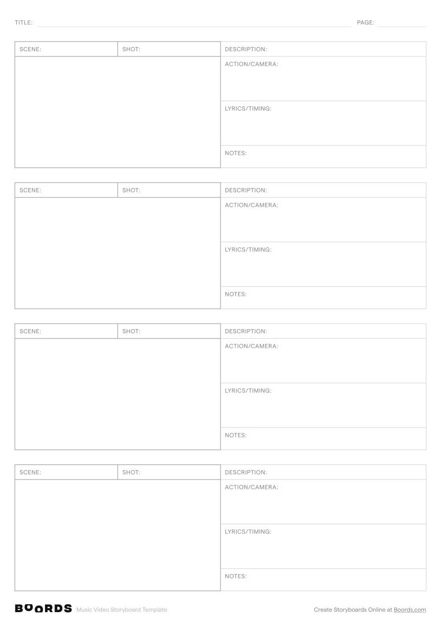 Music Video storyboard template – A4, 4 panels, portrait layout