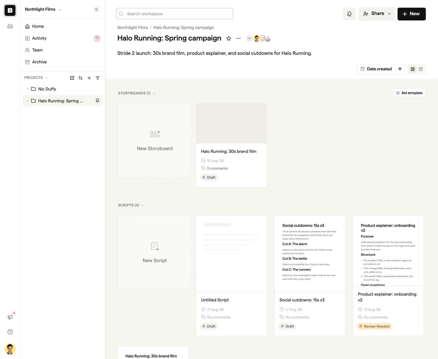 Project dashboard showing the Scripts section below Storyboards