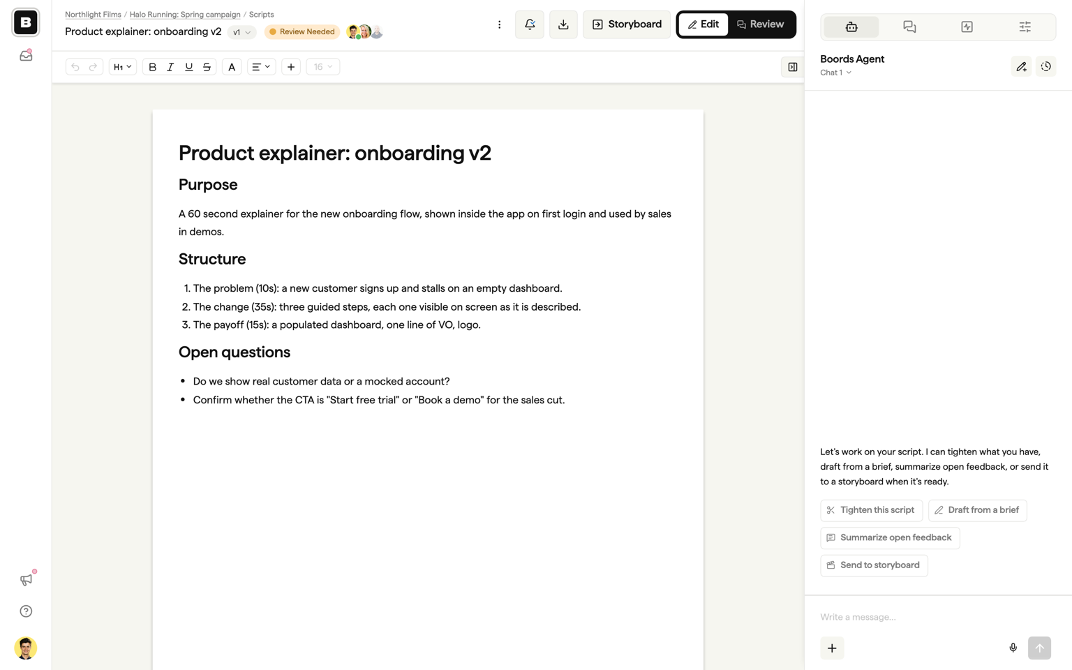 The Script Agent sidebar with the quick actions