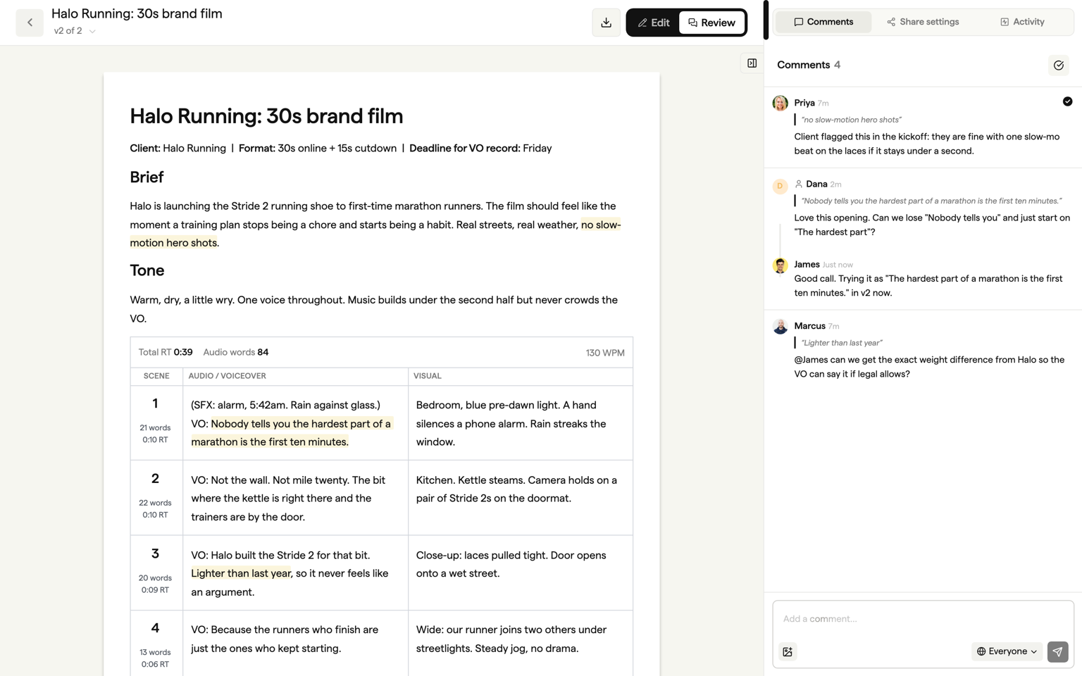 The comments panel in the editor showing anchored threads