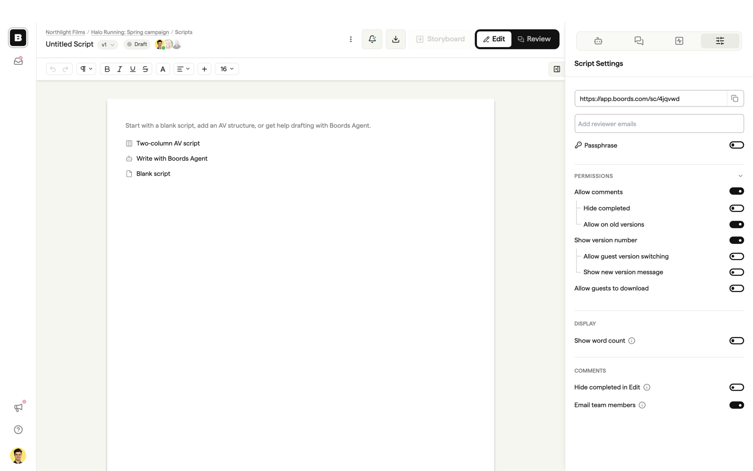 A blank script with the three starter shortcuts