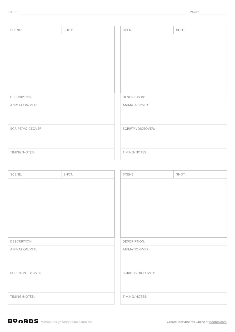 Motion Design storyboard template – A4, 4 panels, portrait layout