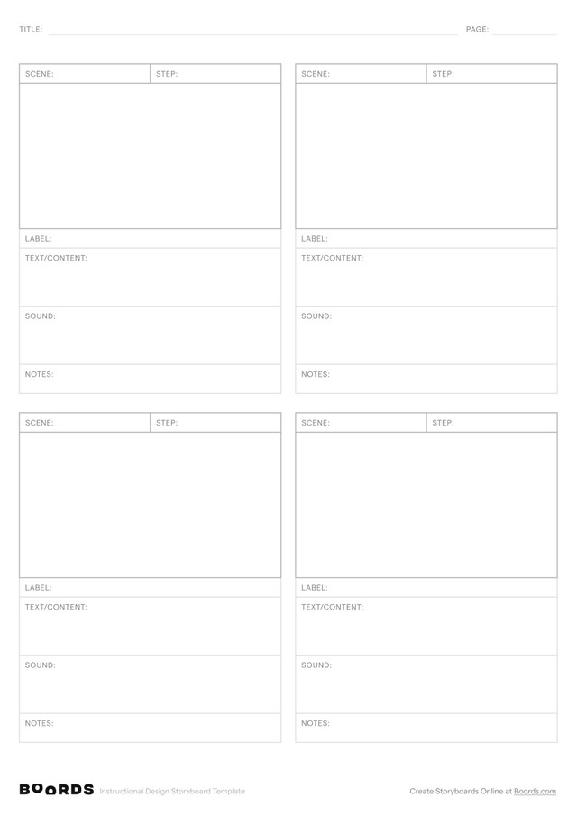 Instructional Design storyboard template – A4, 4 panels, portrait layout