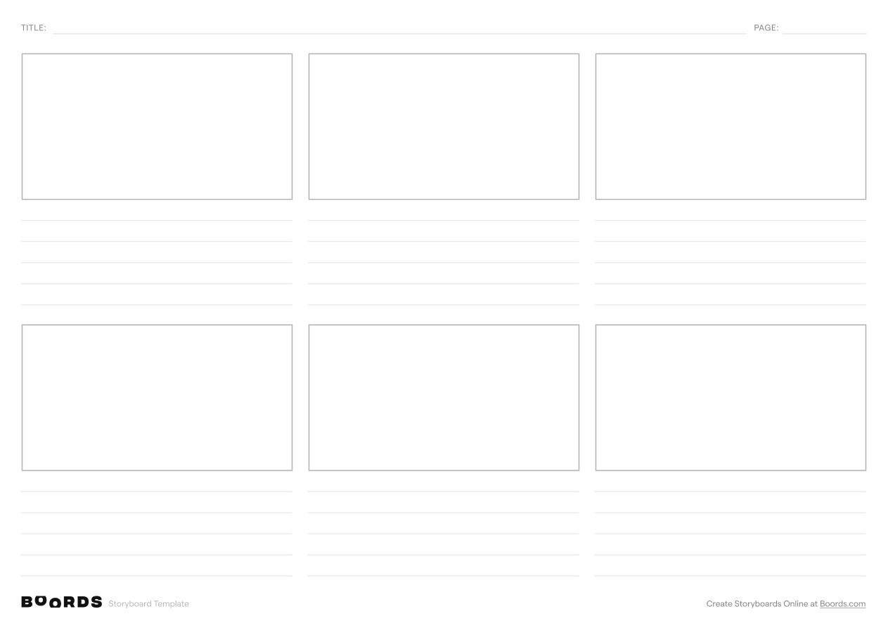 Blank storyboard template – A4, 6 panels, landscape layout