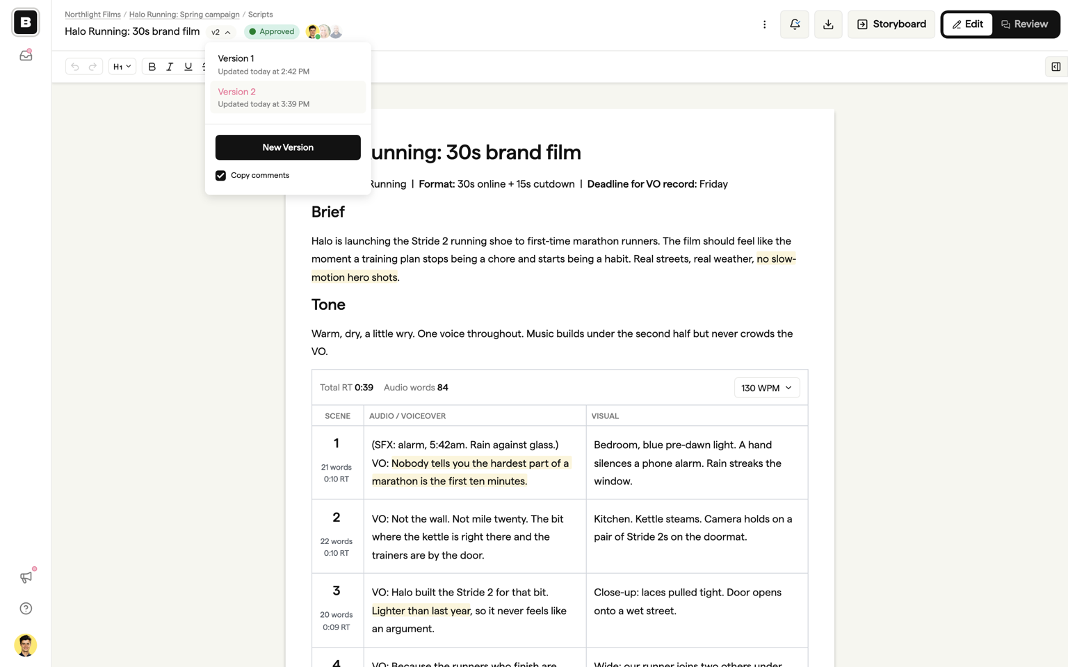 The version dropdown open, showing versions and the New Version button with the copy comments option
