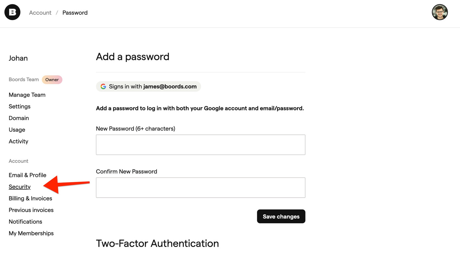 2FA security settings