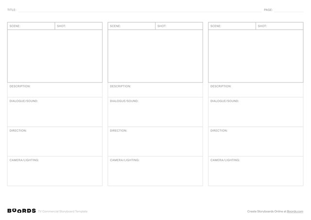 TV Commercial storyboard template – A4, 3 panels, landscape layout