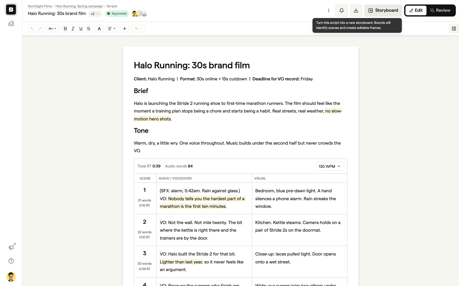 The Create storyboard button in the script header