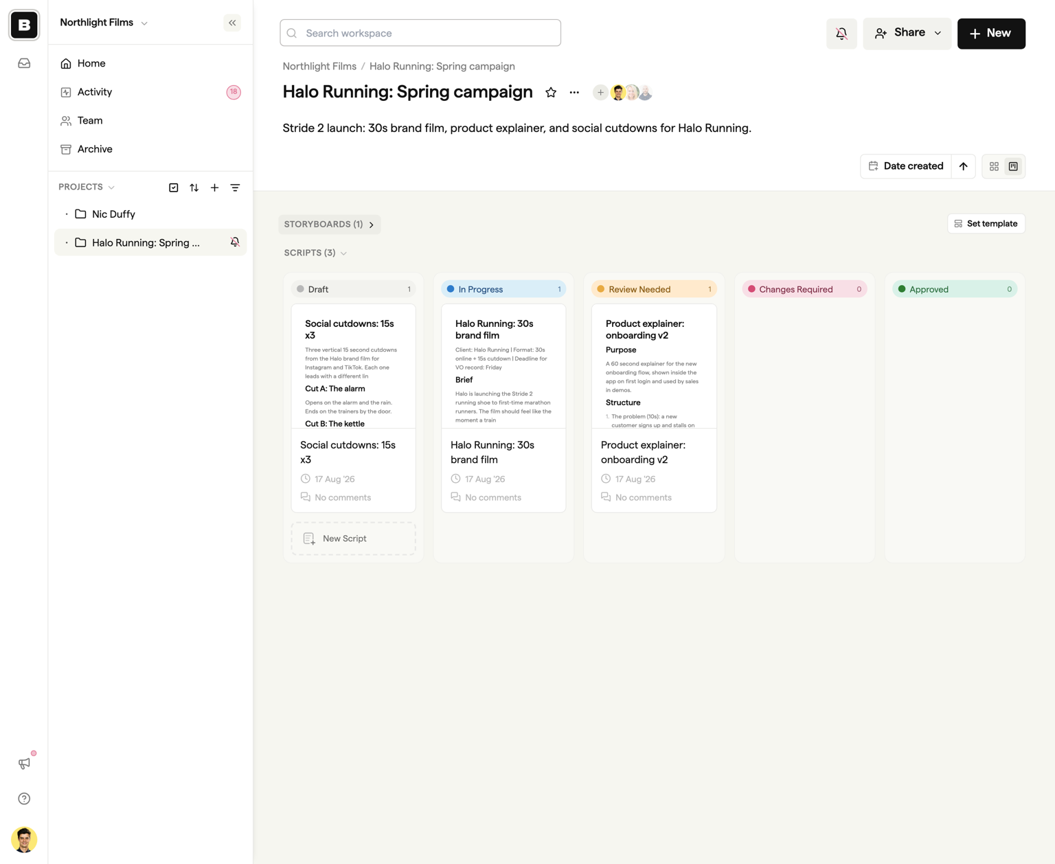 Kanban view with script cards grouped into status columns