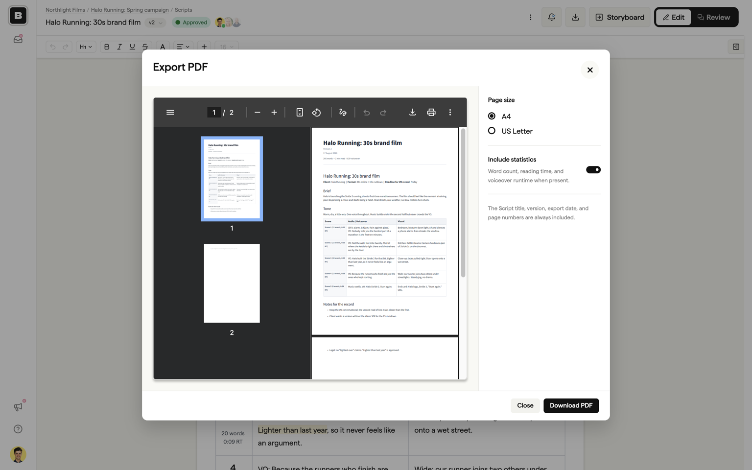 The PDF export modal with page size and statistics options