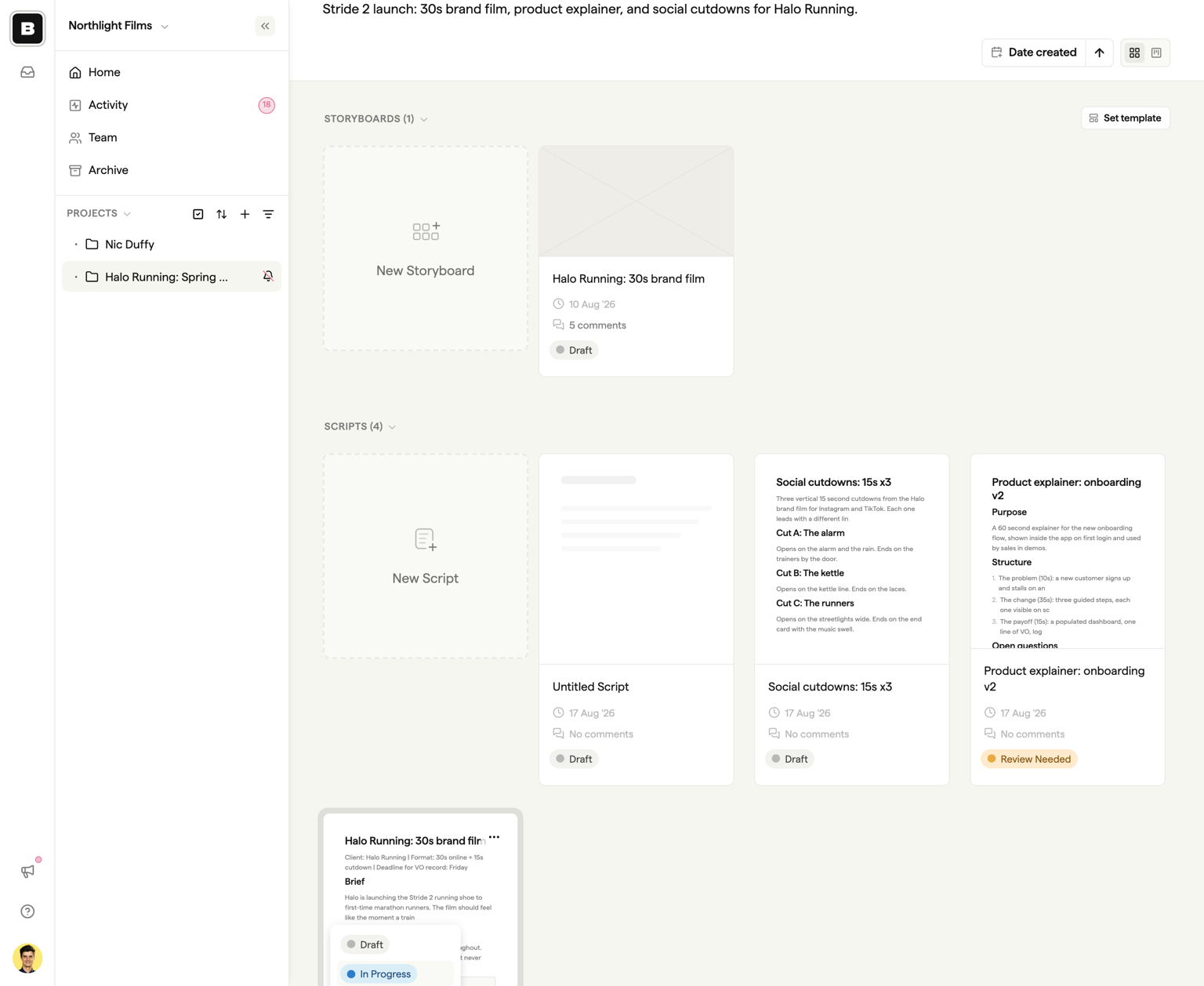 A script dashboard card with the status dropdown open