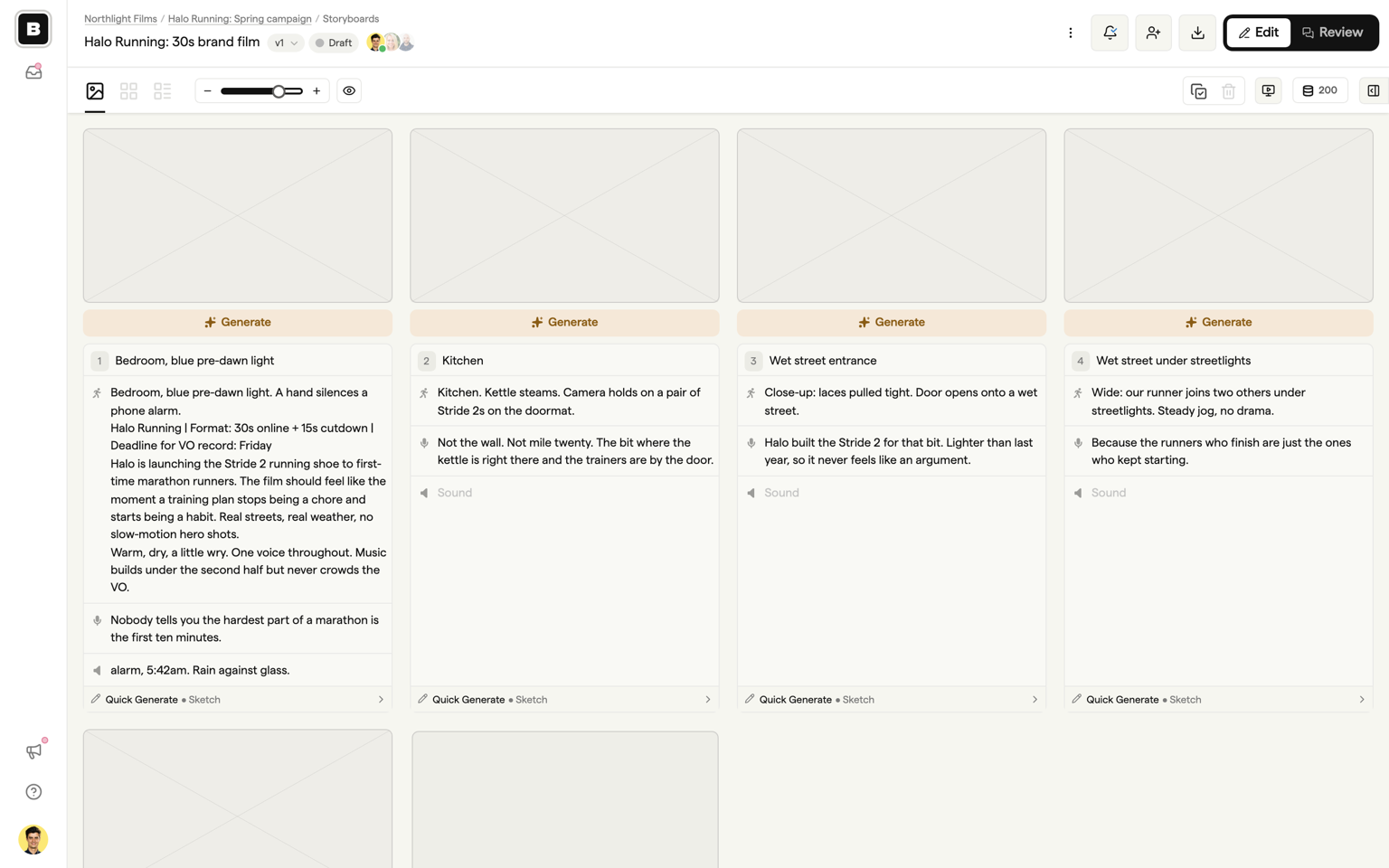 The resulting structure-only storyboard with fields filled in
