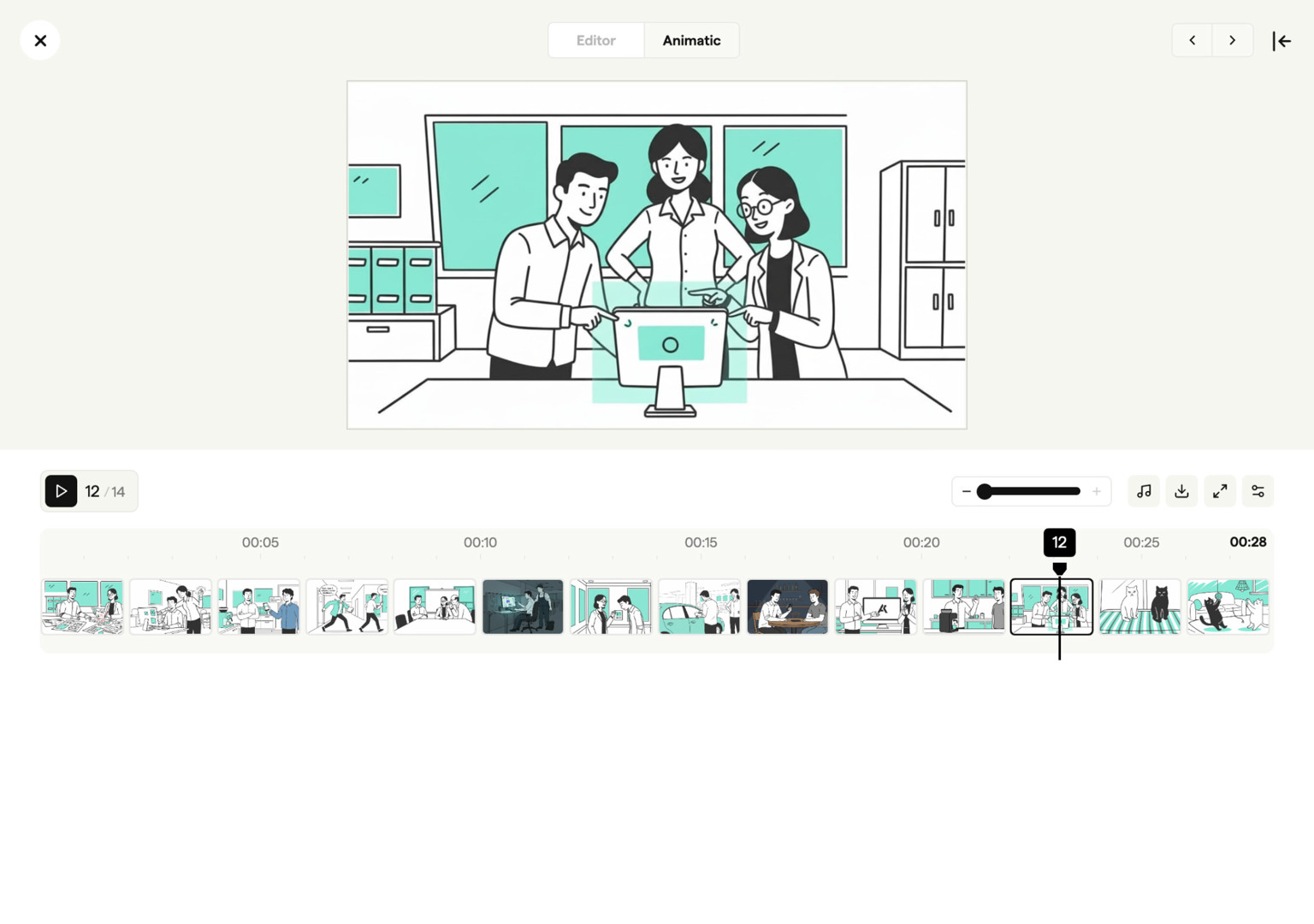 Animatic video player previewing storyboard timing with audio in Boords