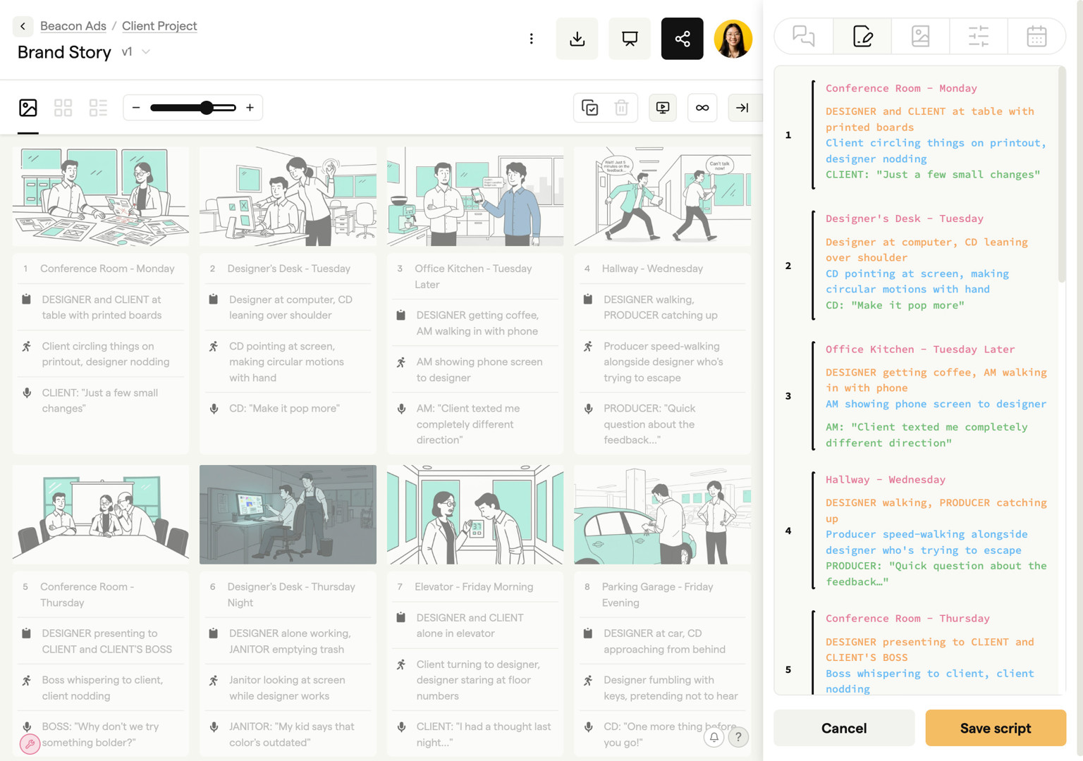 Script editor panel alongside storyboard frames in Boords storyboard software